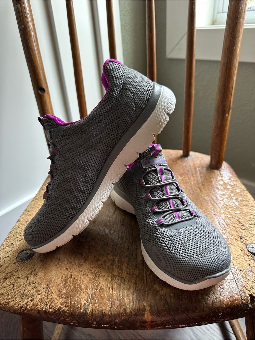 Skechers Gray Knit Slip-On Walking Sneakers with Pink Trim